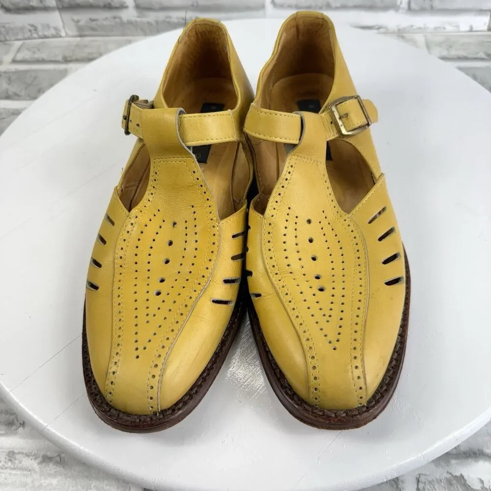 Basco Made in Italy Women's 40- 9/9.5 US Yellow Leather T Strap Fisherman Loafer